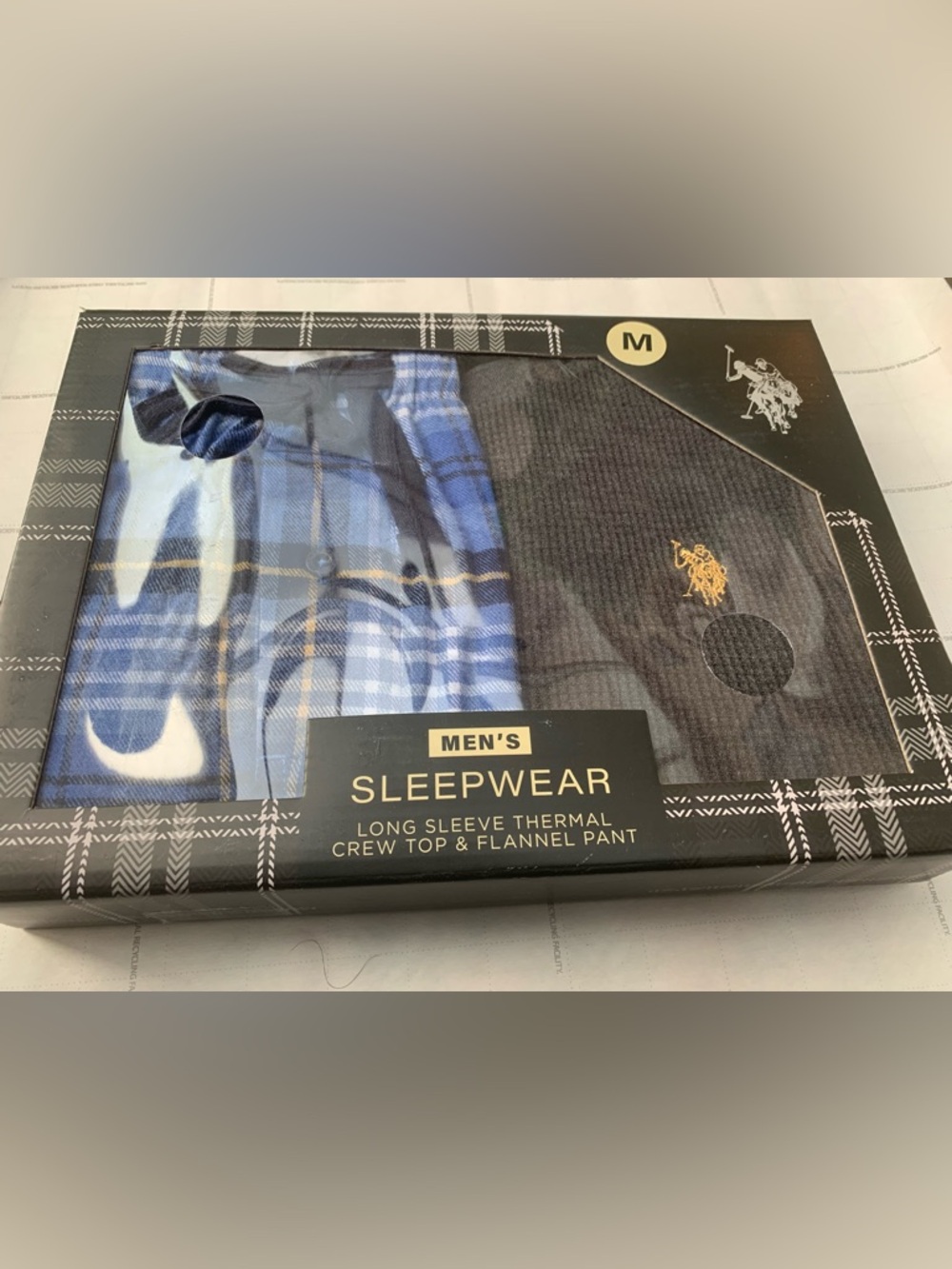 Men's Polo Pajama Set - Crew Top & Flannel Pant- Black & Blue- Brand New